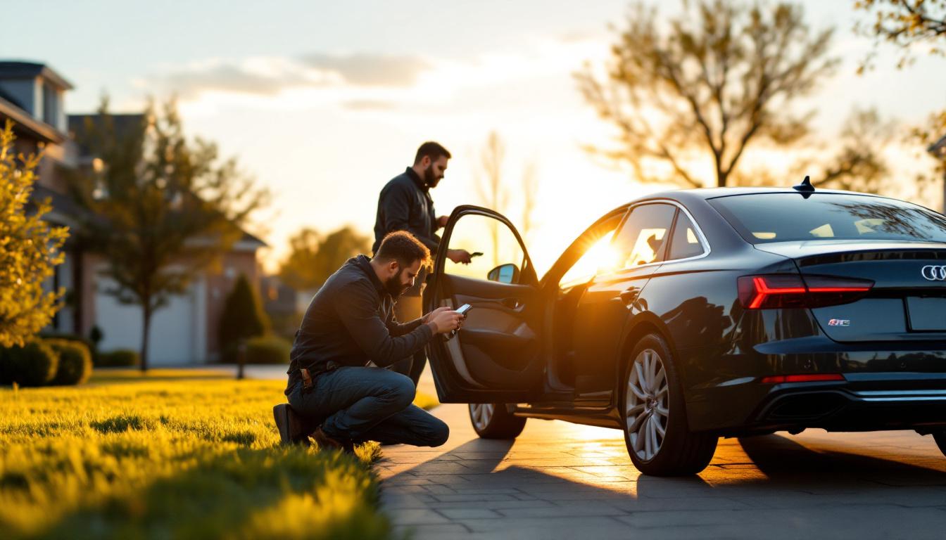 Plano luxury locksmith programming an Audi smart key with AVDI VAG diagnostic equipment