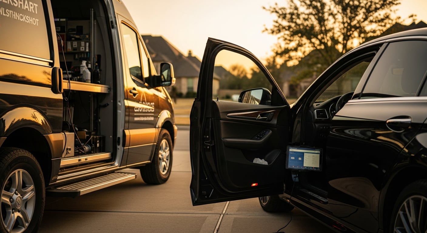 Mobile automotive locksmith in Plano programming a key fob using OEM diagnostic tool