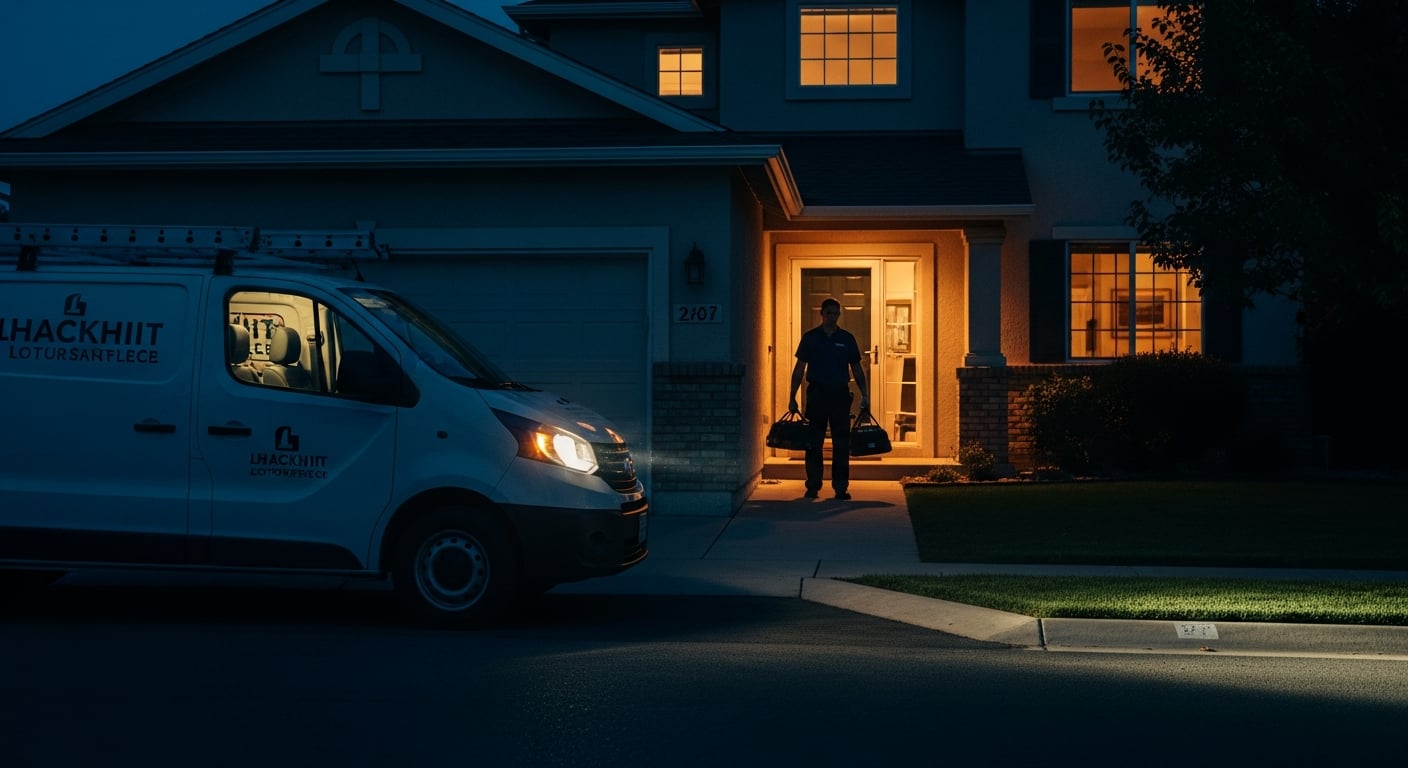 Plano 24/7 locksmith van responding to an after-hours emergency call at night