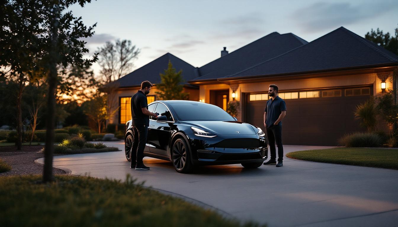 Plano mobile locksmith pairing a new Tesla NFC key card on the center console touchscreen