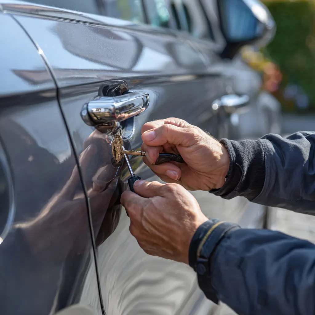 Car lockout service Plano TX — locksmith using professional tool to unlock car door damage-free