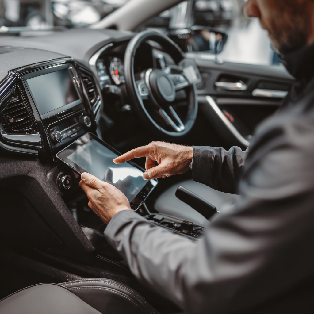 Technician using tablet to diagnose immobilizer system in Plano TX