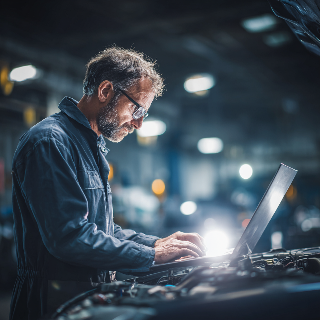 Automotive technician performing vehicle diagnostics in Plano TX